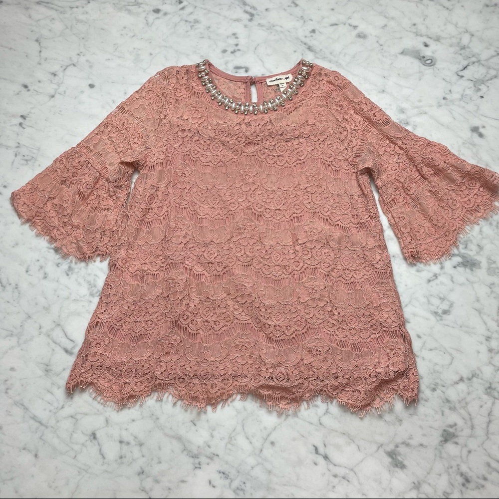 monteau girl Short Sleeve Bell Rhinestone Pearl Collar Lace Top